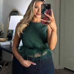 Elegant Green Feather Trim Top